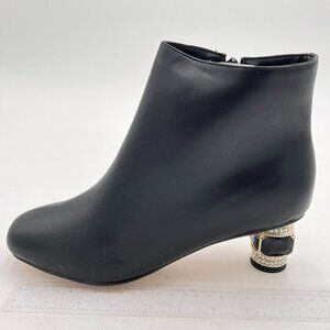 Women Gorgeous Mid Low Chunky Crystal Gem Heel Ankle Boots Closed Round Toe